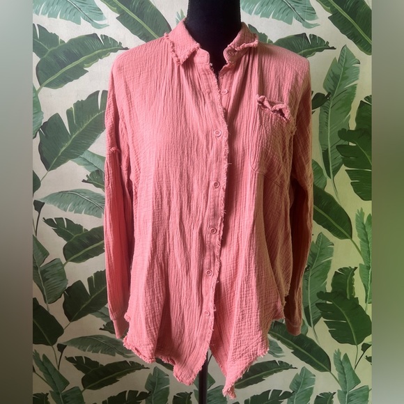 Pink Lily Women’s Orange Let Me Adore You Button Front Gauze Blouse Medium NWOT - Picture 3 of 9